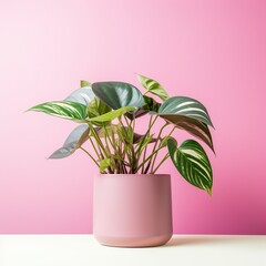 Pink pot with green leaves plant on pink background,