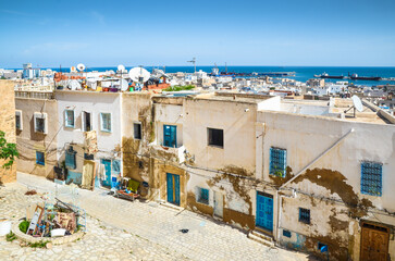 Fototapeta na wymiar View of the medieval medina in Sousse, Tunisia, with the harbor and sea in the background