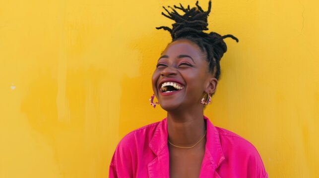 Smiling Woman With Dreadlocks Laughing Against a Yellow Wall Generative AI