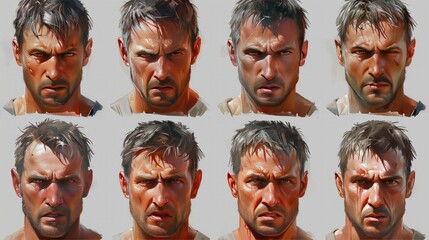 comprehensive character art sheet featuring a human face from various angles, capturing every nuance of human expression, portrait format 