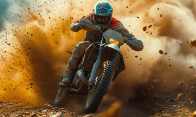Motorcyclist rides a rally motorcycle through mud and sand.