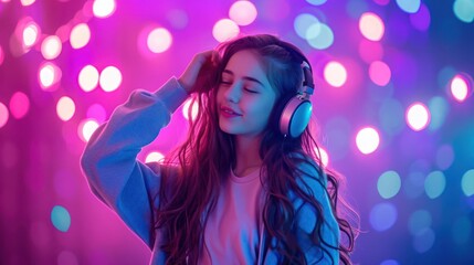 Young Woman Listening to Music With Headphones Generative AI