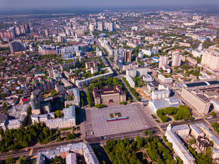 Aerial view of modern Voronezh cityscape overlooking central Lenin square, Russia