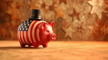 vintage piggy bank with uncle sam, American flag on piggy bank and stars in background, copy space - obrazy, fototapety, plakaty