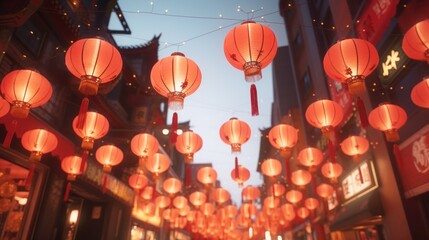 Traditional red lanterns decoration for Lunar New Year celebration. Chinese festival atmosphere.