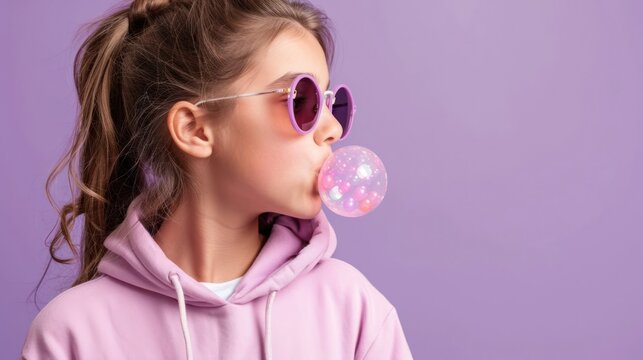 Little Girl Blowing Bubble With Sunglasses On Generative AI