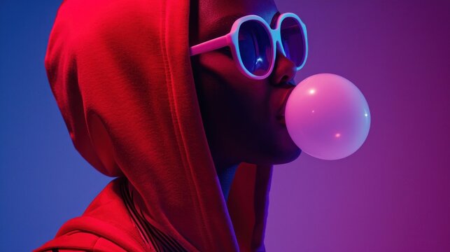 Person Wearing Sunglasses and Hoodie Blowing Bubble in Cool Style Generative AI
