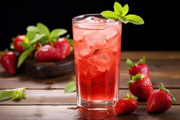 Detail of a Fizzy Strawberry and Ginger Ale Drink on a Rustic Table Setting with Fresh Fruit Accents