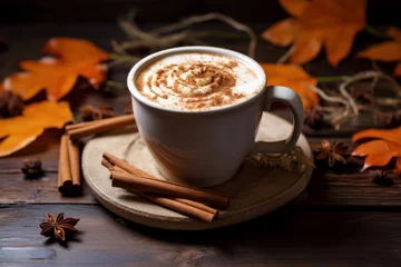 Fotobehang The perfect blend of spice and warmth: A creamy chai latte in an idyllic fall setting © aicandy
