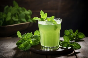A thirst-quenching glass of honeydew juice with a touch of mint, basking in warm sunlight on a wooden surface