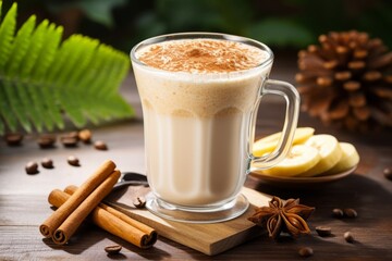 A comforting banana latte served in a glass mug with a frothy top and garnished with fresh banana and cinnamon on a vintage wooden surface - Powered by Adobe