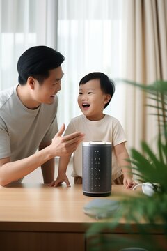 Father and son talking to smart speaker