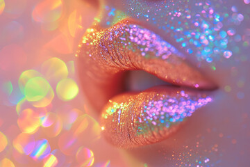 Close up of woman's plump lips with lipstick and glitter. Concept of sensuality and fun