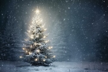 A dreamy winter scene with a vintage, snowy Xmas tree. Generative AI