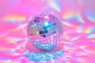 Close up of disco ball with iridescent colorful light reflections and shine. Minimal concept of having fun, discoteqe and dancing 