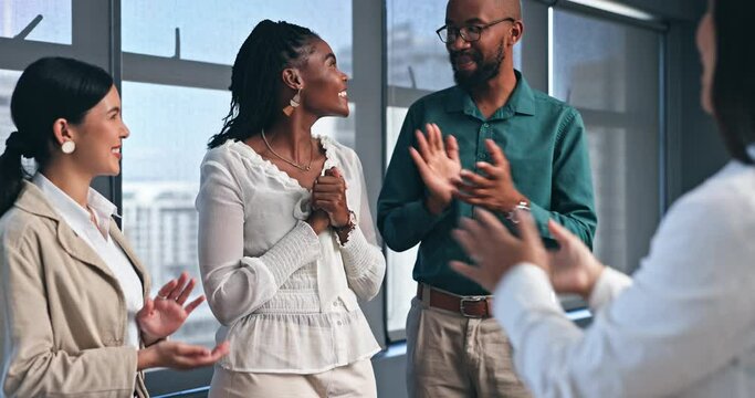 Business people, handshake and meeting applause for partnership, onboarding and thank you or congratulations. Manager or b2b clients shaking hands in deal and agreement or team clapping for promotion