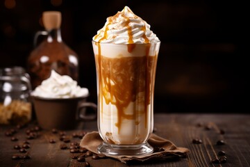 A tantalizing photo of a freshly prepared caramel mocha beverage garnished with whipped cream and caramel syrup