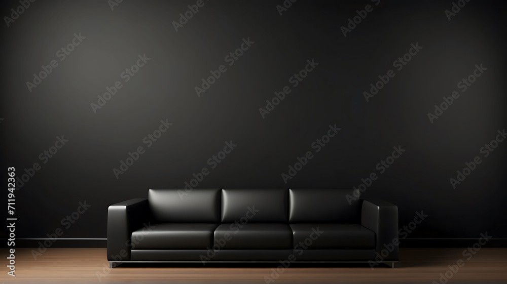 Wall mural Modern living room with black sofa and space-themed wall create a minimalistic design.