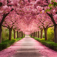 Springtime stroll: blossoming cherry avenue in full bloom