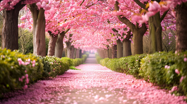 Springtime stroll: blossoming cherry avenue in full bloom - Powered by Adobe