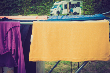 Clothes hanging to dry outdoor at caravan