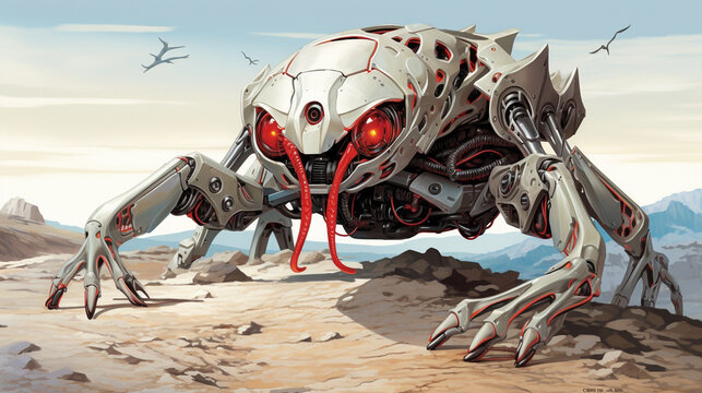 illustration of a robot scorpion with red eyes without background, Generate AI.