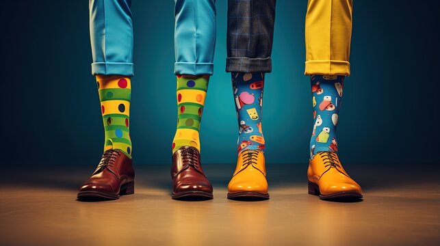 Three people wearing colorful socks and brown shoes