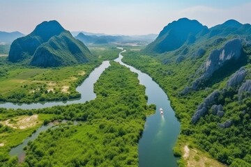 Breathtaking aerial view of Rijeka Crnojevica - picturesque river flowing into Skadar Lake amidst majestic mountains in Montenegro. Generative AI