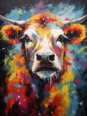 Acryl Abstract Colorful Painting of Bull - Cow With Splatters