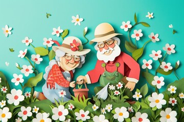 A cheerful elderly couple gardening together, surrounded by spring blossoms Happy senior couple gardening together