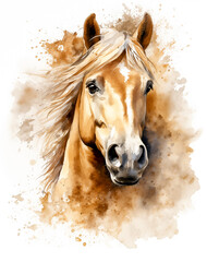 Palomino horse watercolor with colorful splashes of paint. Equine art golden horse isolated on white background. Equestrian sport Halflinger pony, wild mustang head, horseback riding drawing by Vita - obrazy, fototapety, plakaty