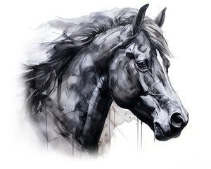 Equestrian sketch drawing, side portrait of a black horse profile isolated on a white background. Geometric modern equine art for trendy horse rider. Fast horse, wild mustang design by Vita.  - obrazy, fototapety, plakaty
