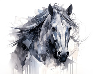 Equestrian sketch drawing, blue portrait of a white horse profile isolated on a white background. Geometric modern equine birthday art for trendy horse rider. Fast horse, wild mustang design by Vita.  - obrazy, fototapety, plakaty