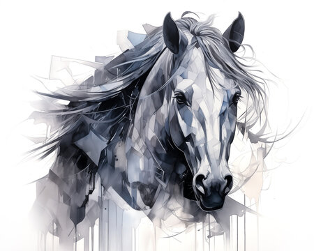 Equestrian sketch drawing, blue portrait of a white horse profile isolated on a white background. Geometric modern equine birthday art for trendy horse rider. Fast horse, wild mustang design by Vita. 