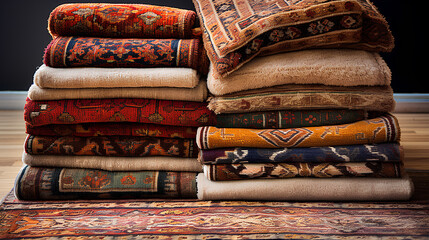Oriental rugs rolled into rolls.Traditional oriental carpets.