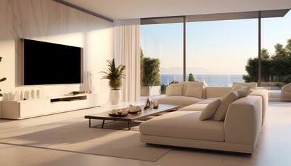 View of aesthetic eco-friendly house. A curved style minimalist sofa covered in fine fabric and a smart TV on the cream walls and the room is spacious. Environmentally friendly room concepts.