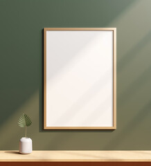 Mockup poster frame closeup on a green wall. light reflections