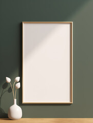 Mockup poster frame closeup on a green wall. light reflections