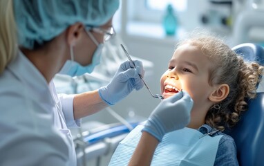 Happy child with a dentist - a friendly interaction between an child patient and a dental professional, highlighting good dental care - obrazy, fototapety, plakaty