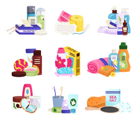 Hygiene bath product vector illustration. Beauty care by soap, shampoo bottle, liquid and cosmetic spray icon collection. Flat plastic container with lotion, cream, isolated on white design.
