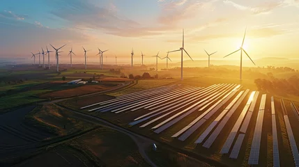  Early morning sunrise illuminating a vast field of solar panels and wind turbines in a rural setting, depicting renewable energy growth. © mnirat