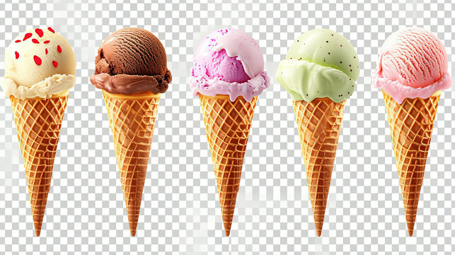 Ice cream scoop on waffle cone on transparent background cutout, PNG file. Many assorted different flavour Mockup template for artwork design