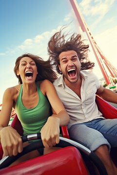 Young couple having fun on a roller coaster