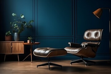 Modern interior of a living room, leather armchair with wooden cabinet on blue wall and wooden floor