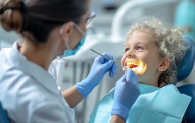 Dentist examining little girl's teeth in dental clinic. Dentistry concept
