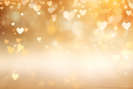 Warm golden background with hearts and twinkling lights, a place for text	