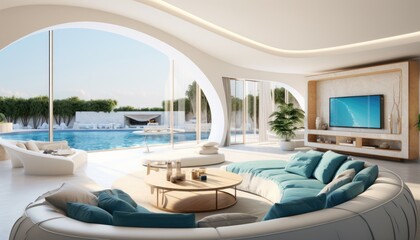 Fototapeta premium View of aesthetic eco-friendly house. A curved style minimalist sofa covered in fine fabric and a smart TV on the cream walls. Inspiration for environmentally friendly room concepts.