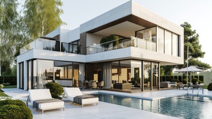 Fototapeta premium 3d rendering of modern house by the river at morning, house, luxury, villa, modern, architecture, building, exterior, residential, property, designer