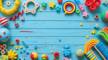 Obraz premium Baby kids toys frame on background, Toy many colorful educational wooden. play, Top view, executive function, kid, skill, education, intelligence quotient, emotional quotient, childhood, development