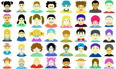 A flat set design illustration of various facial characters. Perfect for poster elements, books, stickers, comics, wallpapers, advertisements, banners